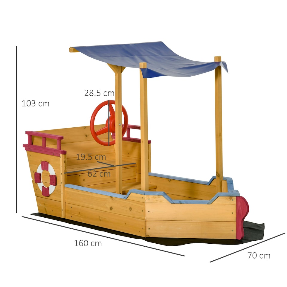 image 1 of Outsunny Kids Wooden Sand Pit Sandbox Pirate Sandboat Outdoor w/ Canopy Shade