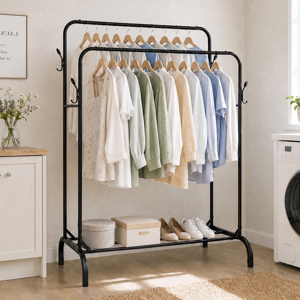 Levede Clothes Rail Heavy Duty 2 Rods Carbon Steel Rack with Shelf Bedroom Black