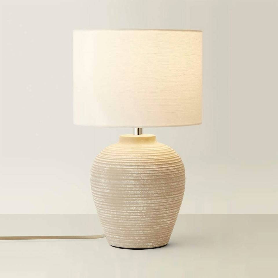 image 1 of ValueLights Reid Linen Drum Lamp Shade Stone Grey Ribbed Ceramic Small Table Lamp | Grey