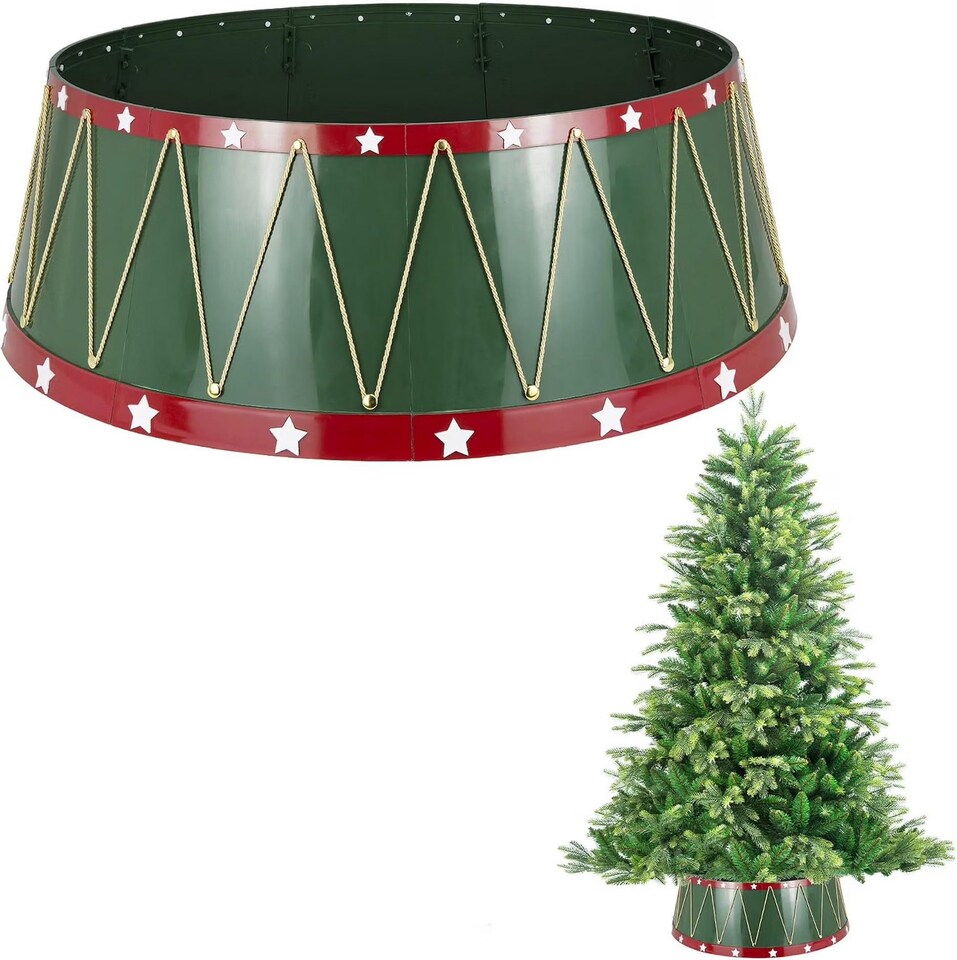 image 1 of 25.6 Inch Drum Style Christmas Tree Collar, Foldable Tree Base Cover with Mirror Finish