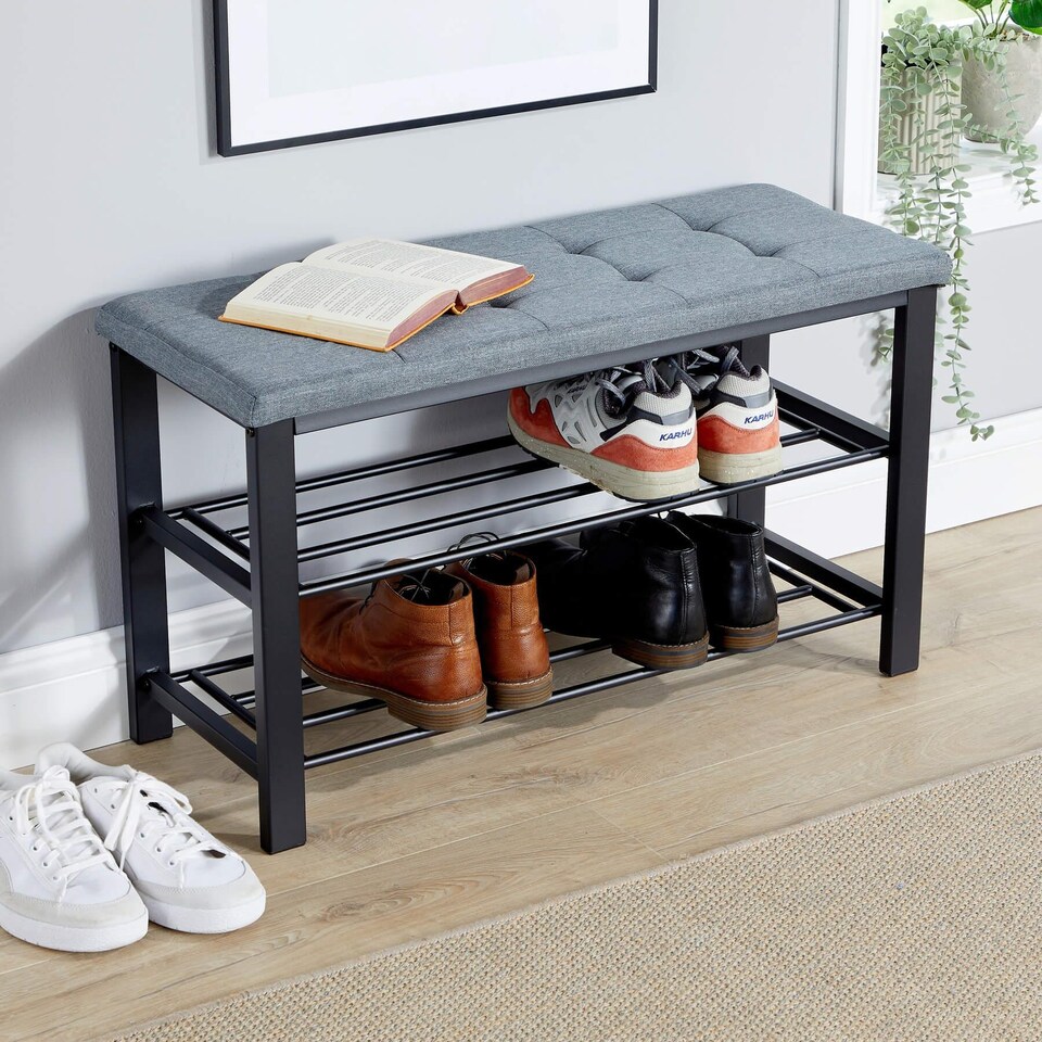 image 1 of Metal Shoe Bench with Storage Shelfs For Entryway Hallway Seating | Grey
