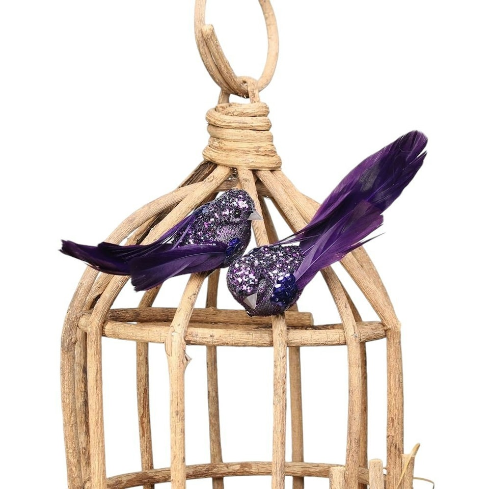 image 1 of Pair of Decorative Purple Glitter Birds With Clip - 13cm