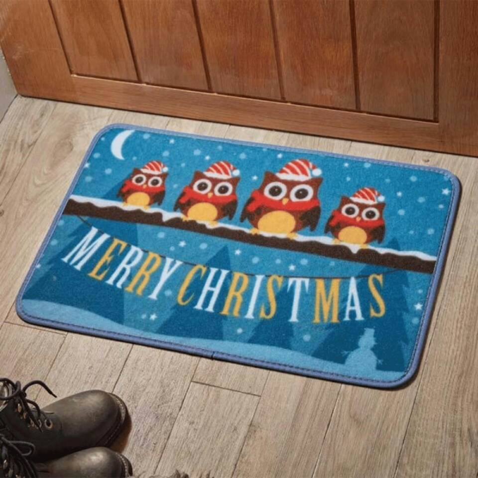 image 1 of 60cm x 40cm Festive Owls Fabric Christmas Doormat
