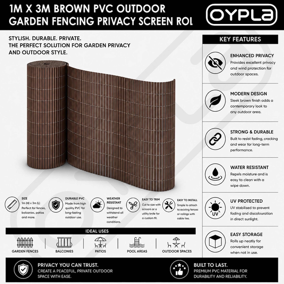 image 1 of 1m x 3m Brown PVC Outdoor Garden Fencing Privacy Screen Roll | Brown | 1