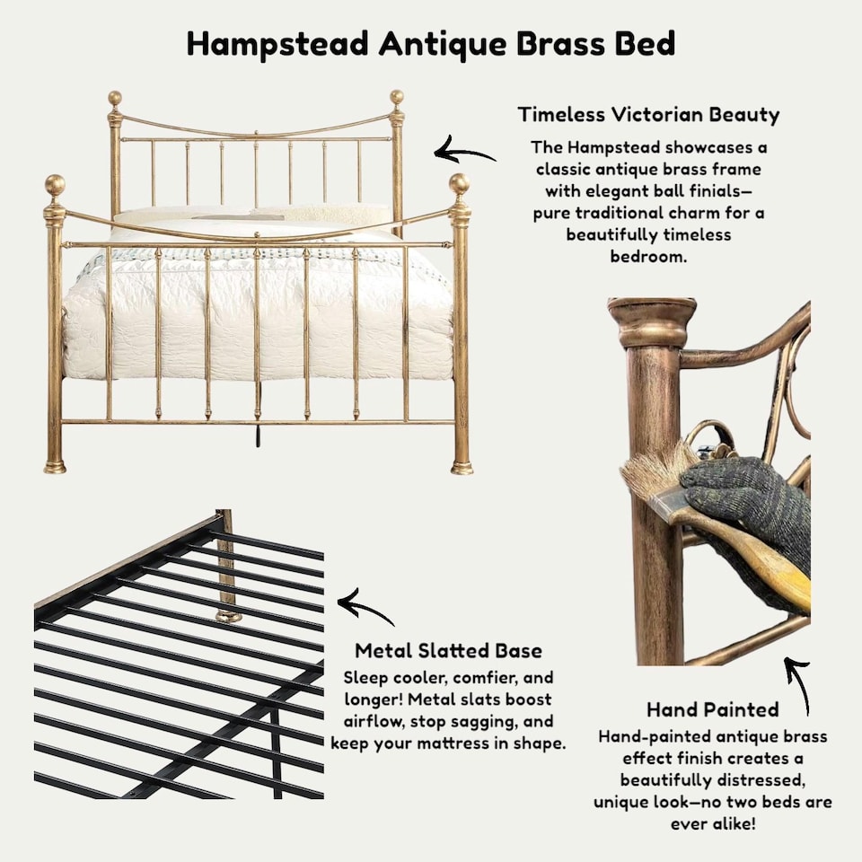image 1 of Hampstead Traditional Style Distressed Antique Brass Effect Metal Bed Frame | Bronze | Antique Brass | Single
