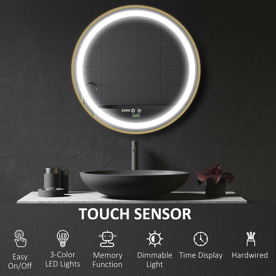 image 1 of kleankin Wall Mounted LED Bathroom Mirror with 3 Light Colours Time Display Gold