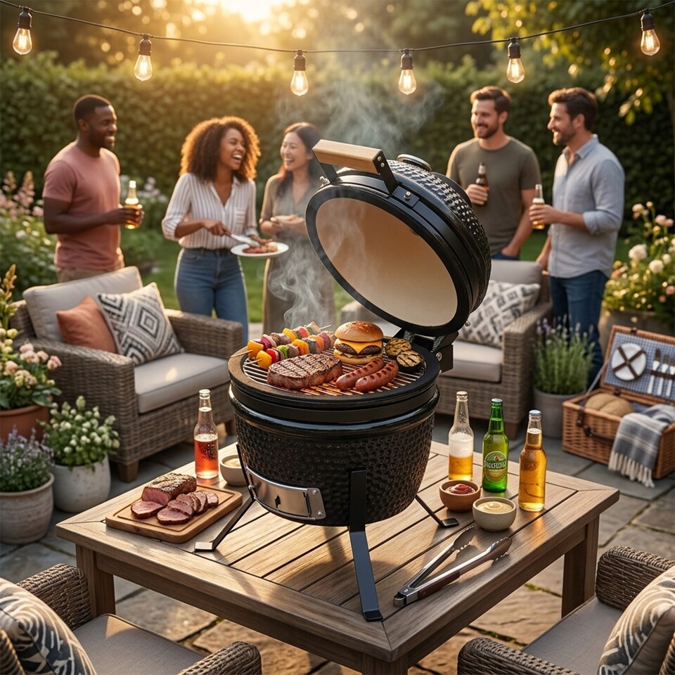 image 1 of Alivio Ceramic Kamado Charcoal BBQ Grill & Smoker with Thermometer, Egg Style Outdoor Barbecue for Grilling, Smoking & Roasting 13"
