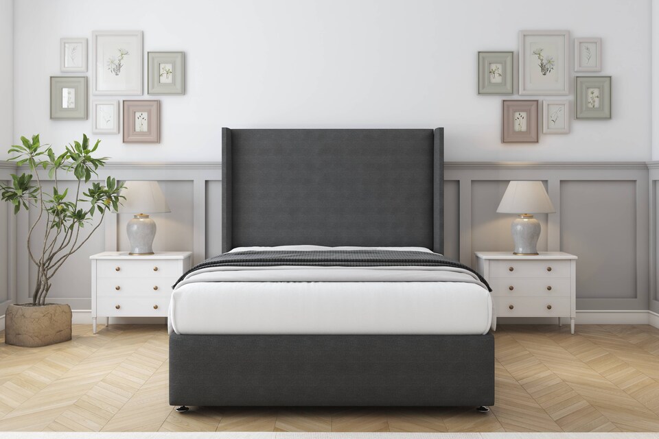 image 1 of Sloomy Stratford Graphite Dumfries Divan Bed With Mattress No Drawers With 54" Wingback Headboard & 12" Matching Footboard 3' Single | Grey | Graphite | Single | 1