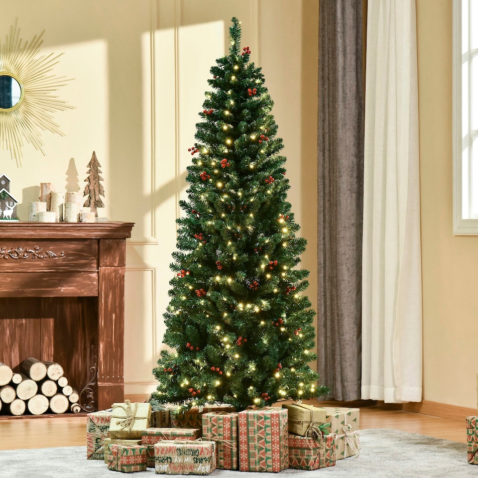 image 1 of HOMCOM 6FT Prelit Pencil Christmas Tree w/ LED Light, Berry, Xmas Decoration