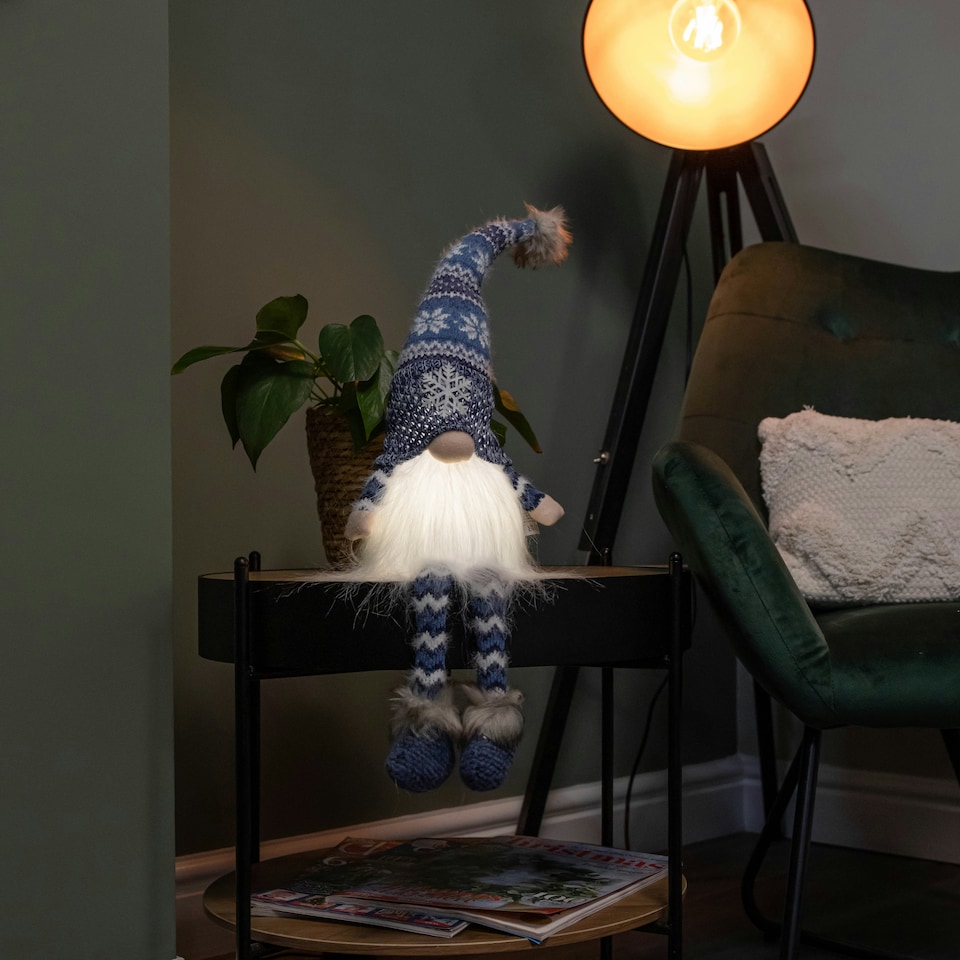 image 1 of 55cm Battery Operated Light up Blue Christmas Gonk with Dangly Legs & Snowflake Hat