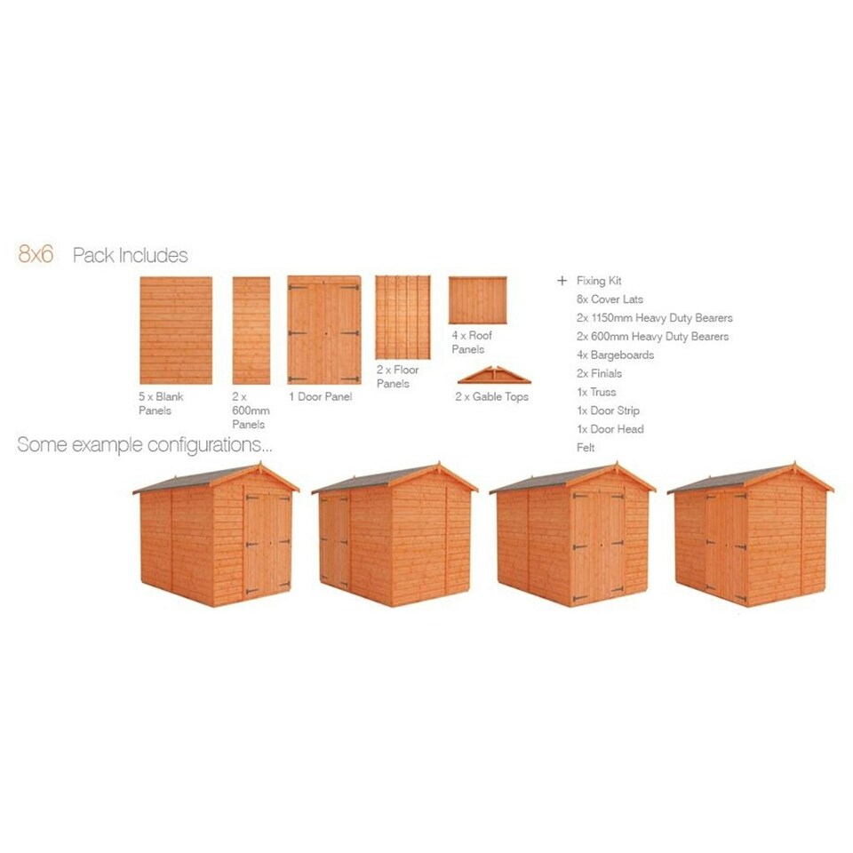 image 1 of 8 x 6 (2.38m x 1.75m) Windowless Wooden Tongue and Groove APEX Shed + Double Doors (12mm T&G Floor and Roof) (8ft x 6ft) (8x6)