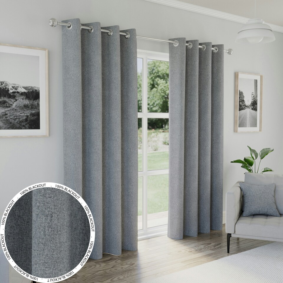 image 1 of Austin Grey Blackout Curtains 66 x 72 inch (168 x 183 cm) 100% Blackout Eyelet Thermal Noise Reducing Curtains for Bedroom and Living Room