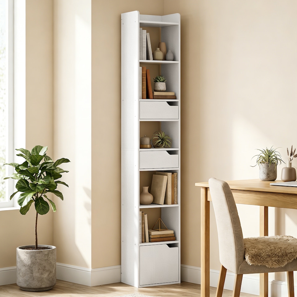 image 1 of HOMCOM Bookcase Tall Narrow with 5 Tiers Drawers