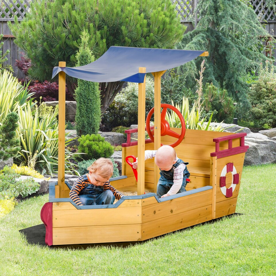 image 1 of Outsunny Kids Wooden Sand Pit Sandbox Pirate Sandboat Outdoor w/ Canopy Shade