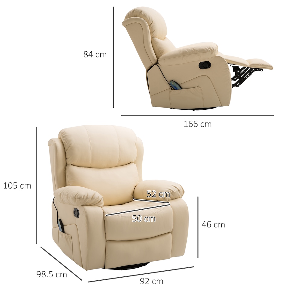 image 1 of HOMCOM PU Leather Massage Recliner Chair with 8 Points and Heat, Manual Reclining Chair with Swivel Base, Footrest and Remote, Rocking Armchair, Beige