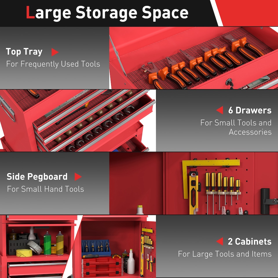 image 1 of HOMCOM 3-in-1 Tool Cabinet with Wheels, Rolling Tool Chest with 6 Drawers | Red