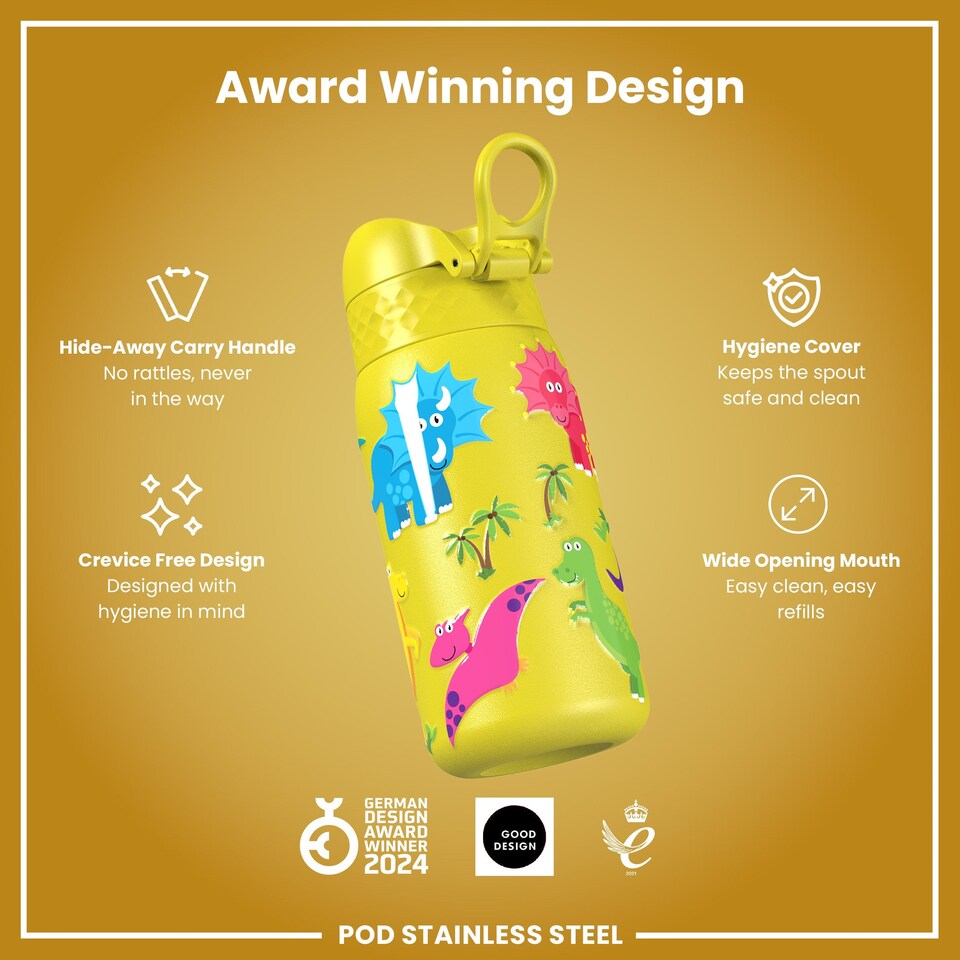 image 1 of Leak Proof Kids Water Bottle, Stainless Steel, 400ml (13oz) | Yellow | Dinosaur | One Size