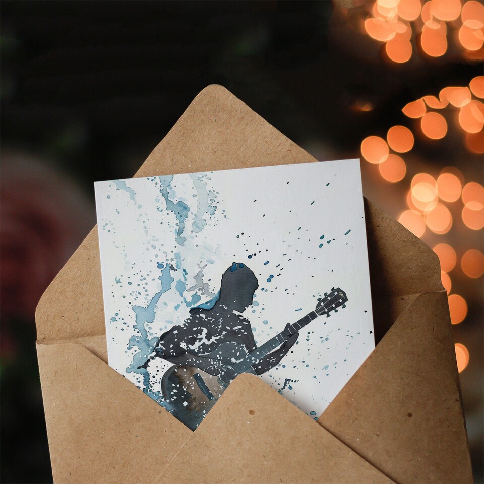 image 1 of Guitar Player Rock Music Watercolour Splash Birthday Card
