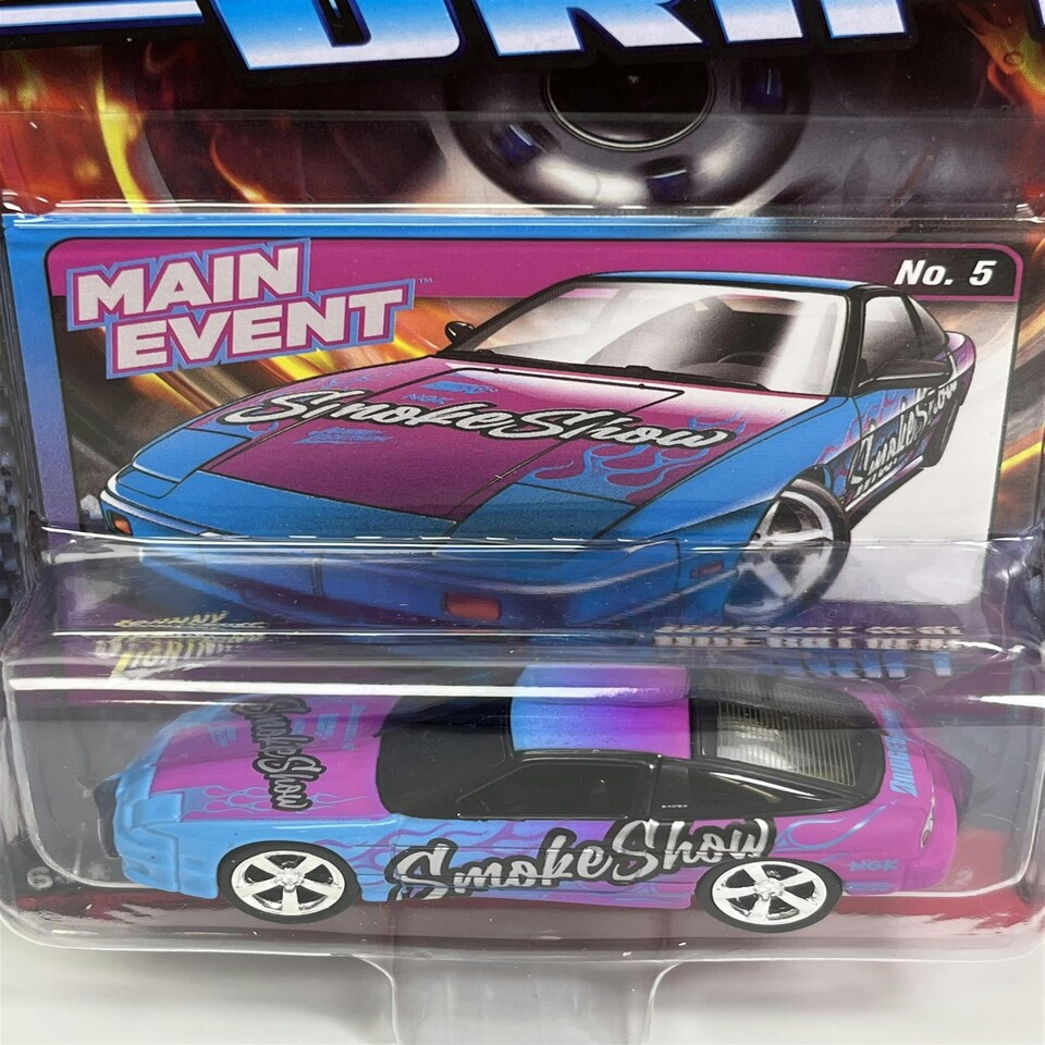 image 1 of 1990 Nissan 240SX Custom Bright Cyan with Magenta Flames 1:64 Johnny Lightning JLSF024A
