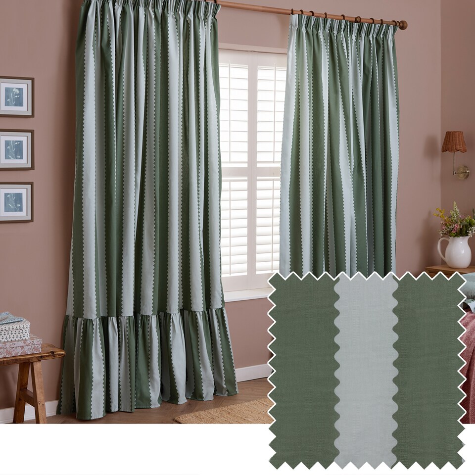 image 1 of Wylder Birdie Stripe Fully Lined Ruffle Pencil Pleat Curtain Pair Baygreen/Mist (W) 117cm x (D) 137cm | Green | Baygreen/Mist | 1