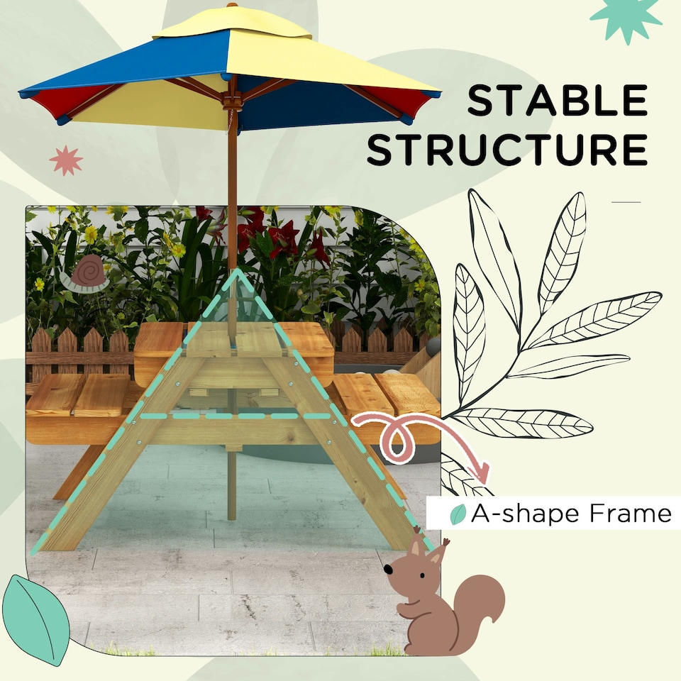 image 1 of Outsunny Kids Picnic Table Set w/ Sand and Water, Removable Parasol - Brown
