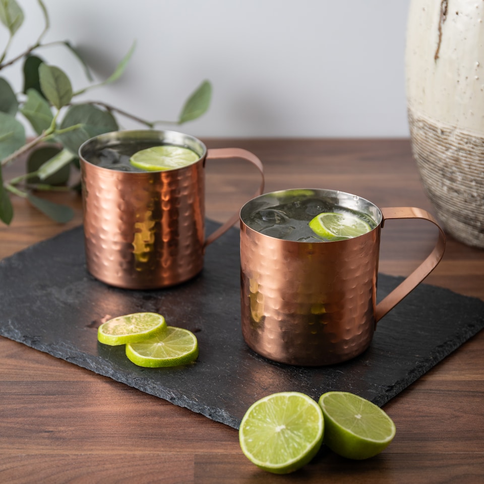 image 1 of BarCraft Set of 2 Hammered Copper Moscow Mule Mugs, 550ml Cocktail Drinking Cups