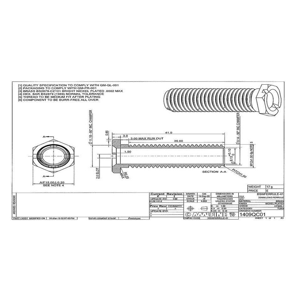 image 1 of McAlpine BSWFERRULE-41 Sink Strainer Screw 41mm (Silver Colour)