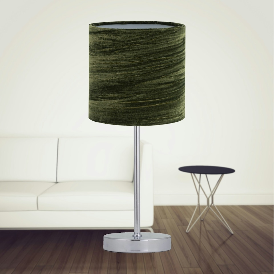 image 1 of First Choice Lighting Chrome Stick Table Lamp with Green Crushed Velvet Shade Chrome | Green
