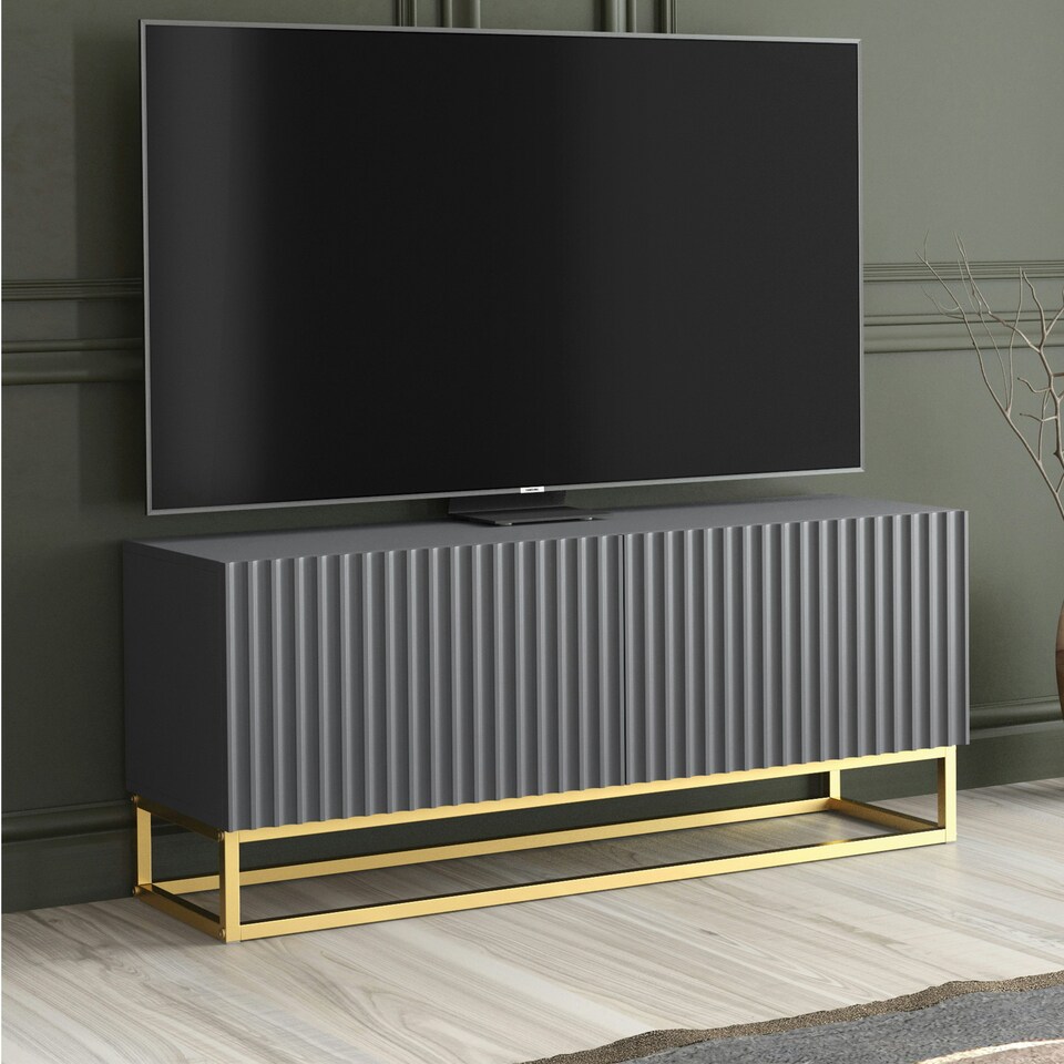 image 1 of TV Unit 100cm Grey Matt Fluted Fronts with Gold Metal Base Grey