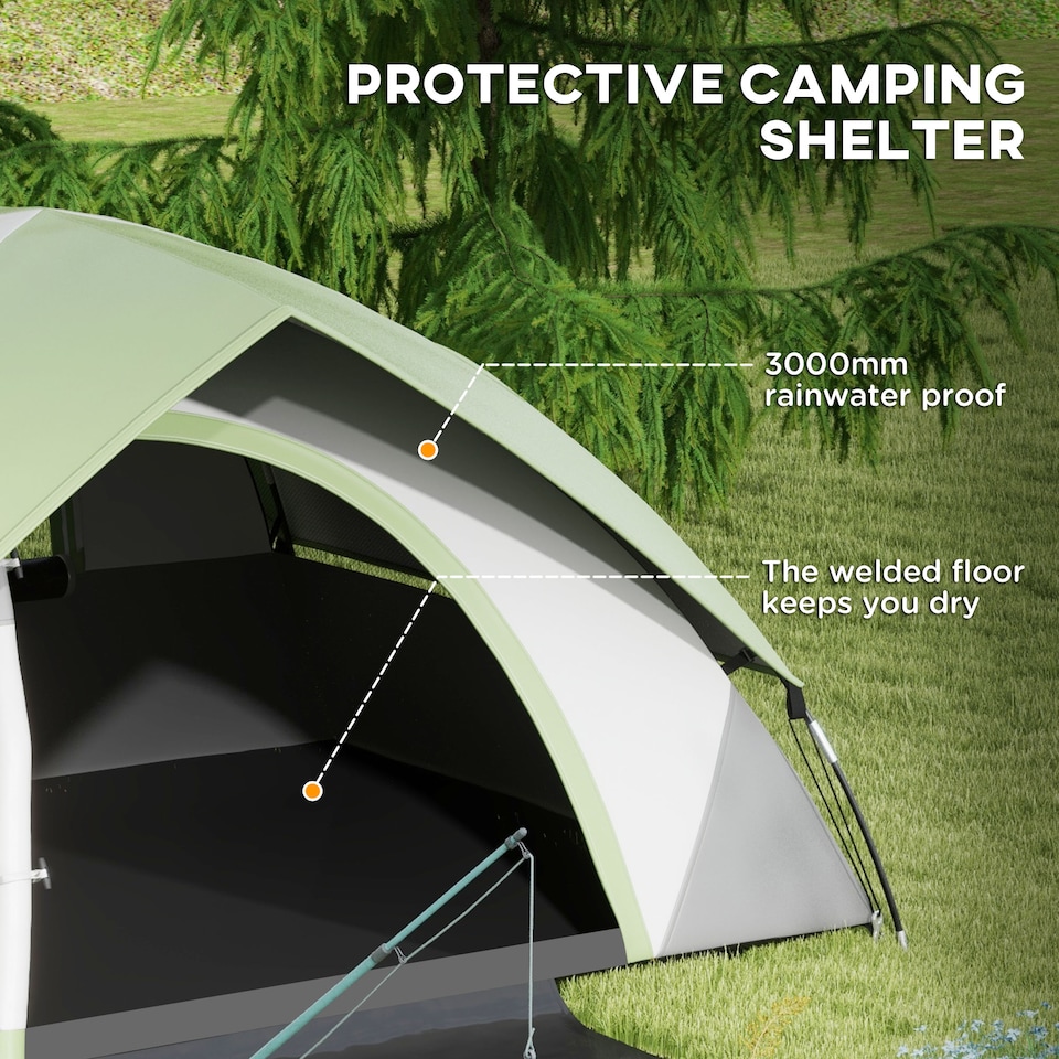 image 1 of Outsunny 2 Man Camping Tent w/ Sewn-in Groundsheet, 3000mm Waterproof, Green