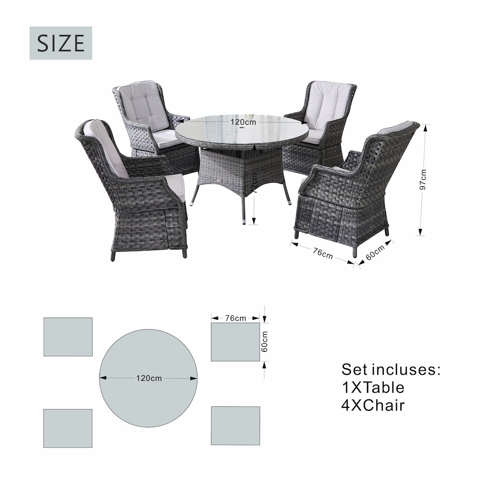 image 1 of Direct Wicker Outdoor 5 Piece Rattan Dining Table Chairs Set, Aluminum Round Table with Tempered Glass, 4 Armchairs | Grey