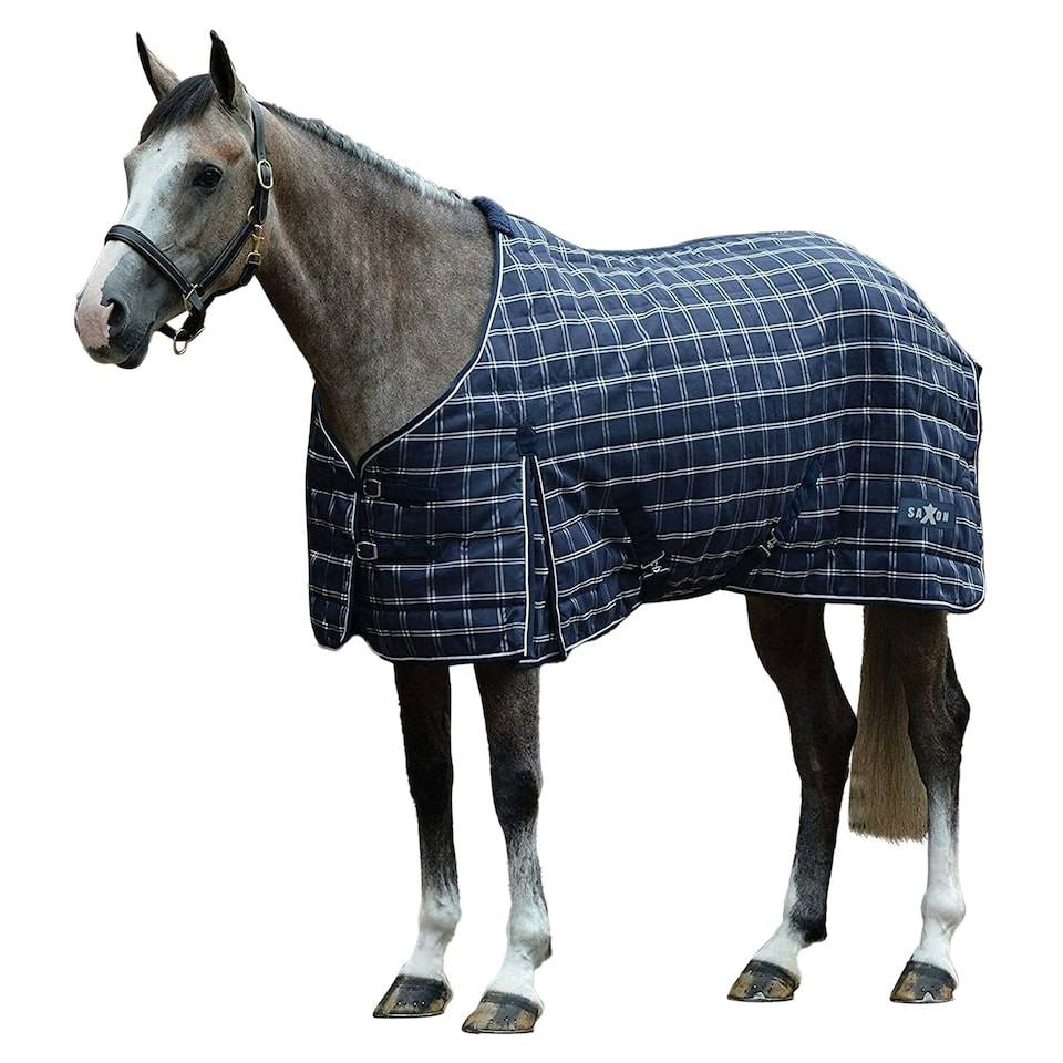 image 1 of Saxon Standard-Neck Plaid Midweight Horse Stable Rug - Navy/White - 7´ 3"
