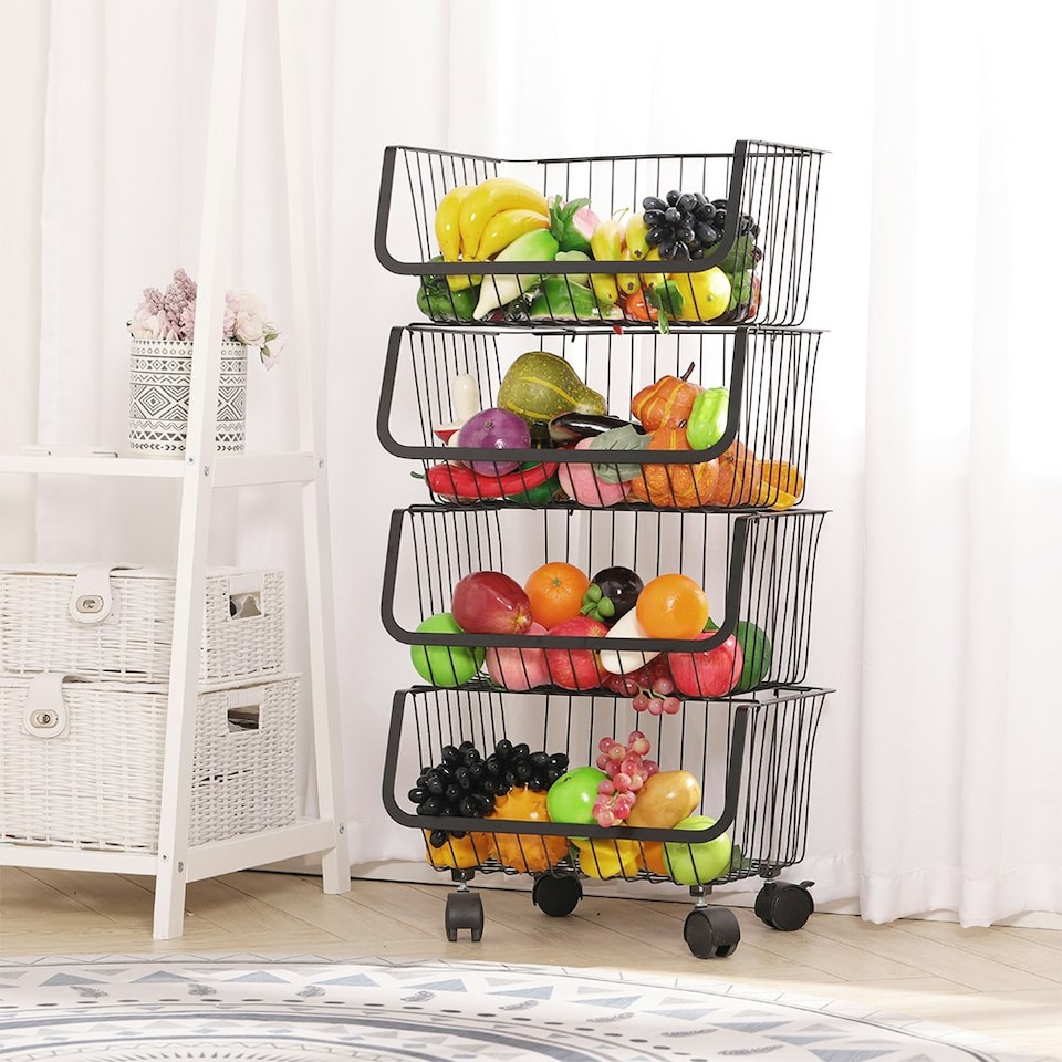 image 1 of Living and Home Kitchen Metal Basket Trolley Wire Storage Rack 4-Tier