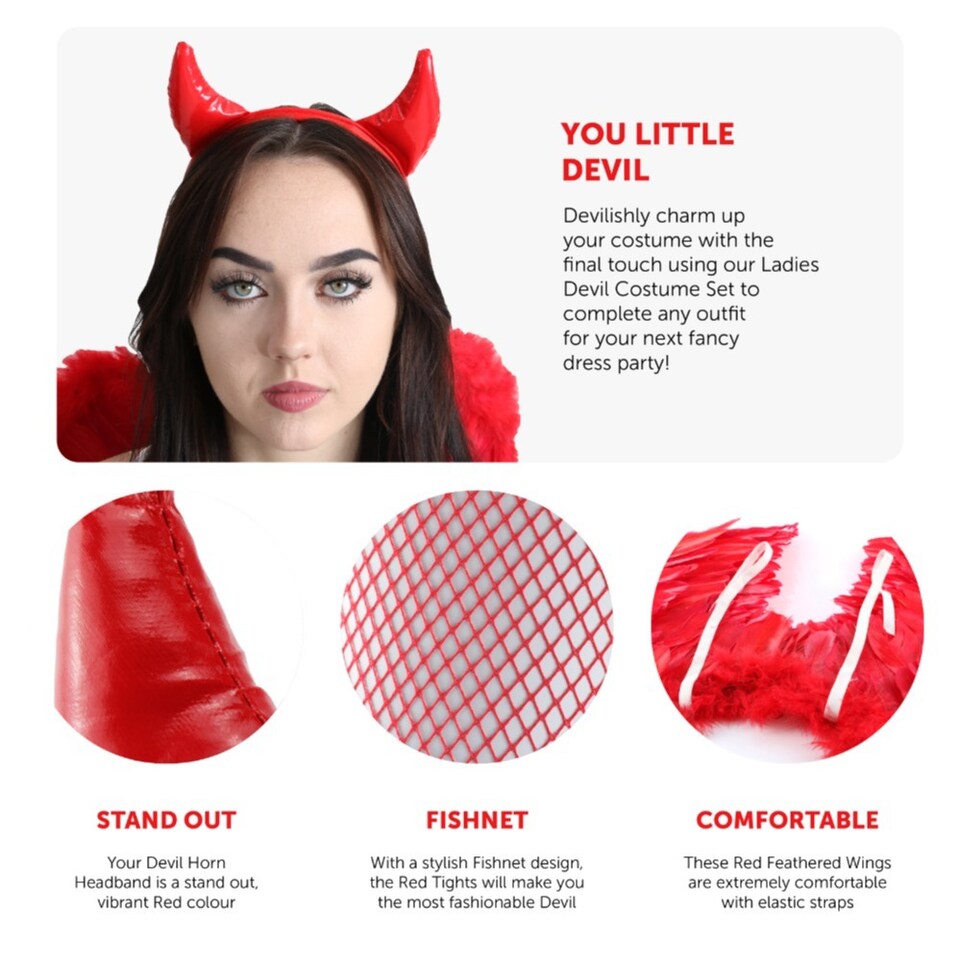 image 1 of Devil Costume Set - Red Horns, Wings, Tights & Skirt | Red | One Size
