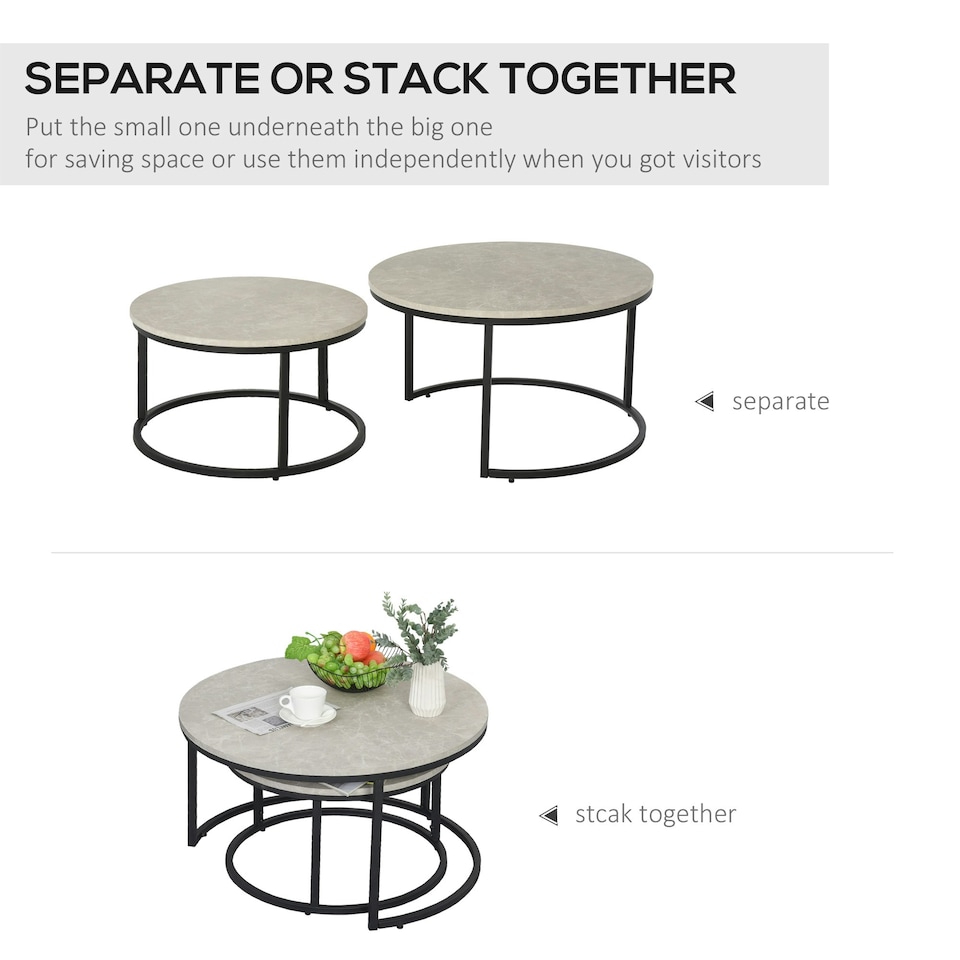 image 1 of HOMCOM 2 Pcs Stacking Coffee Table Set Steel Frame, Marble Grey Black