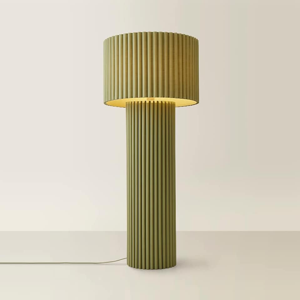 image 1 of ValueLights Lenny Moss Green Shade Ribbed Fabric Midi Floor Lamp & Bulb | Green