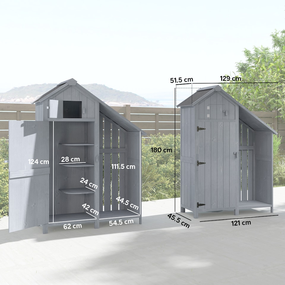image 1 of Outsunny Fir Garden Storage Shed With Shelves Log Rack, For Garden Tools | Grey | Grey and Black