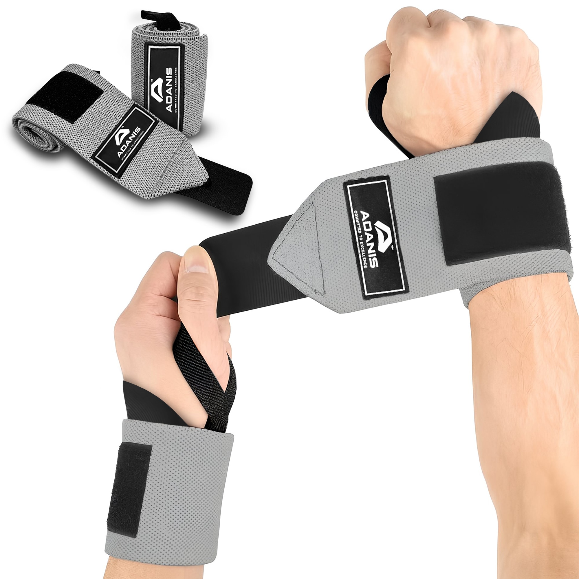 Adanis Wrist Wraps for Weightlifting (Pair) - 50cm, Adjustable Wrist Support in Grey