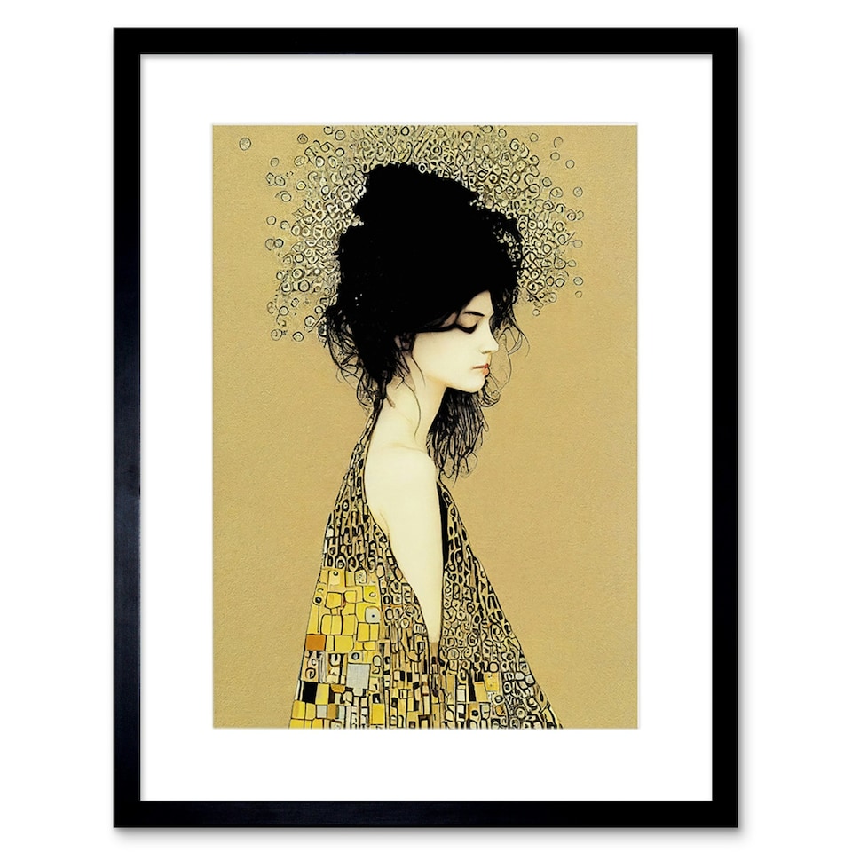image 1 of Klimt Style Woman Colourful Shawl Painting 9x7" Black Framed Wall Art Print