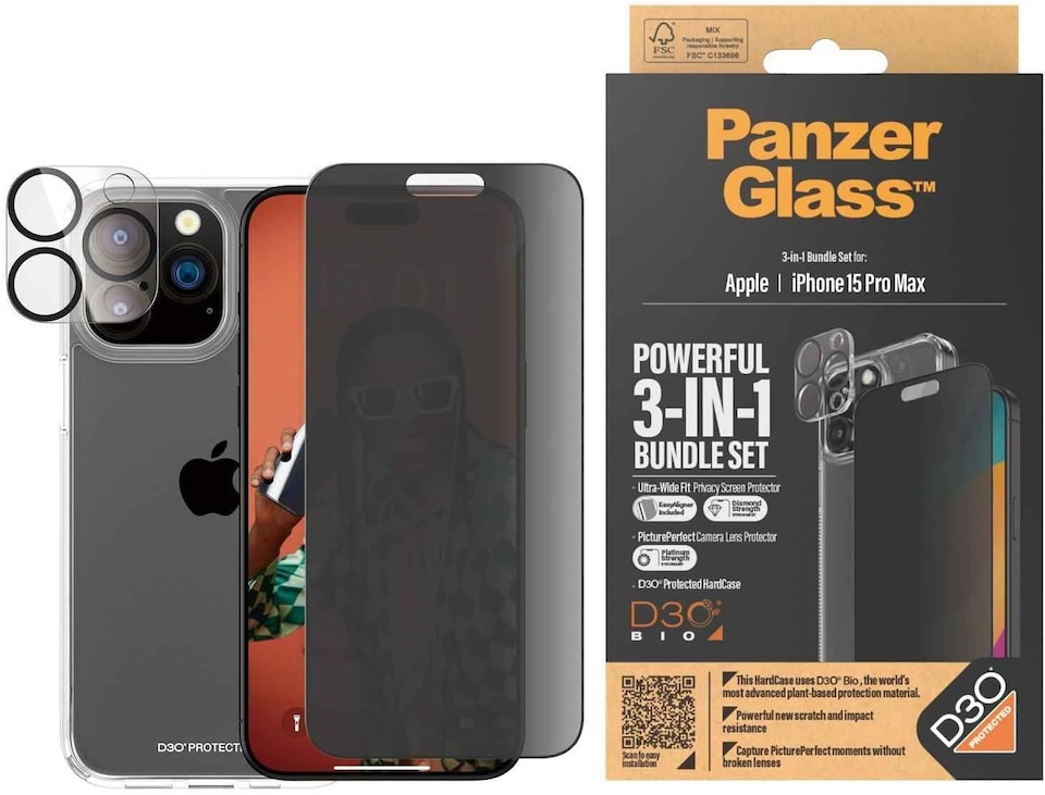 image 1 of Panzer Glass Privacy Powerful 3 in 1 Bundle Pack for iPhone 15 Pro Max 6.7 - B1175+P2812