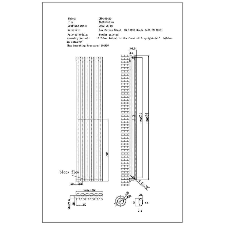 image 1 of Omeara - White Vertical Radiator H1600mm x W348mm Double Panel