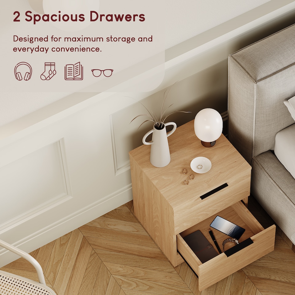 image 1 of Vida Designs Trega 2 Drawer Bedside Chest Bedroom Storage Unit, (H) 41cm x (W) 39cm x (D) 28cm, Pine, Set of 2