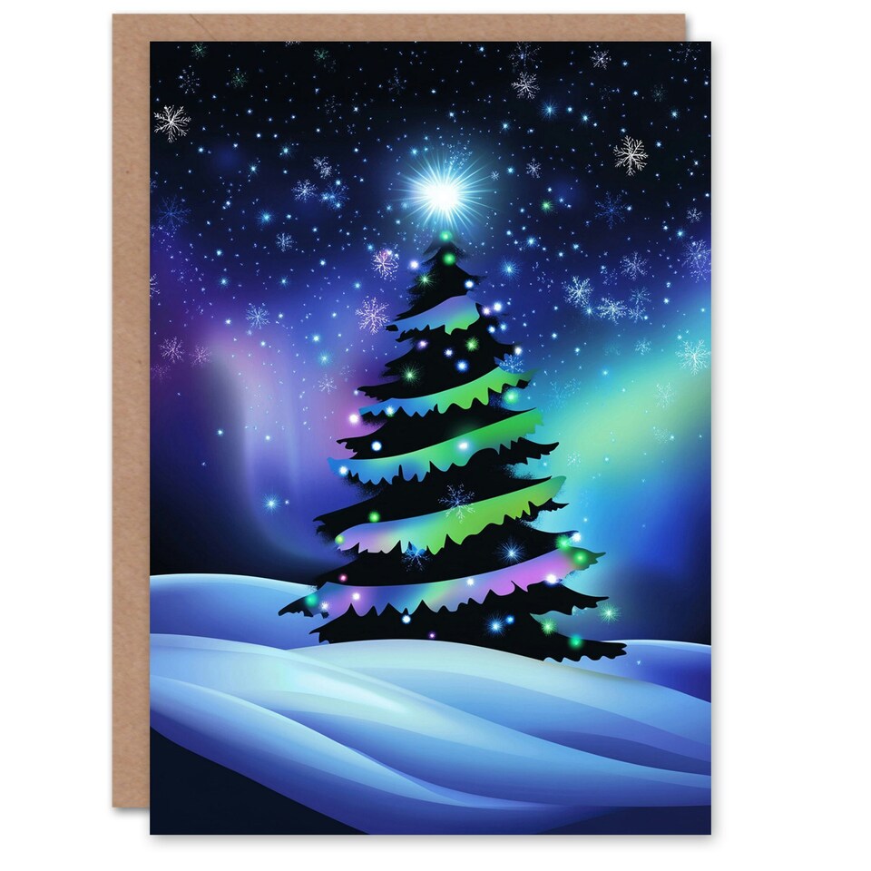 image 1 of Snow Covered Tree Aurora Borealis Blank For Him Or Her Art Xmas Festive Christmas Card