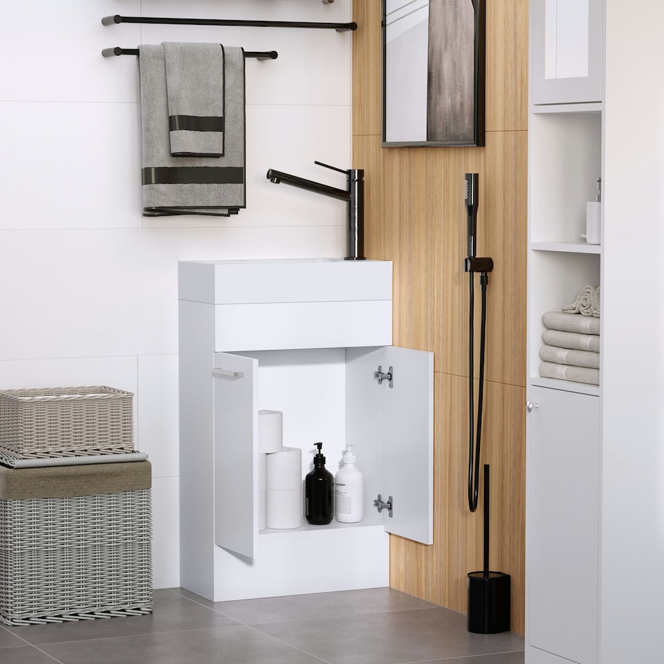 image 1 of kleankin Bathroom Wash Basin Vanity With Ceramic Sink Base Cabinet Two Doors