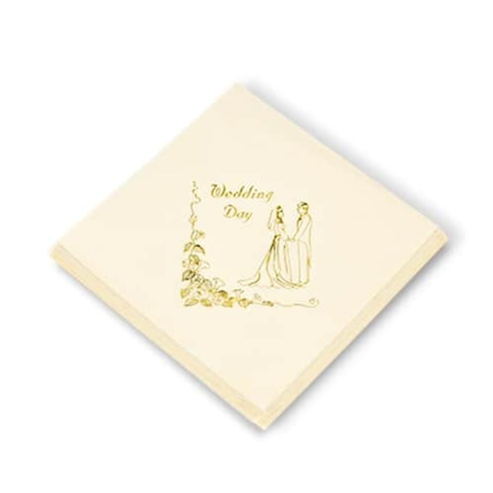 Ivory Napkin With Bride and Groom Wedding Day Print in Gold 3 Ply - 40cm - Pack of 20