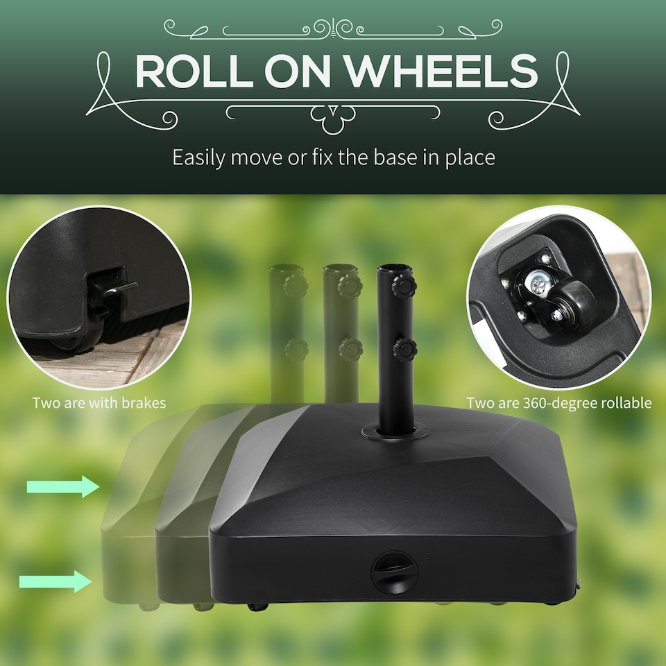 image 1 of Outsunny Garden Parasol Base 43kg Water or 60kg Sand Filled with Wheels | Black | Black