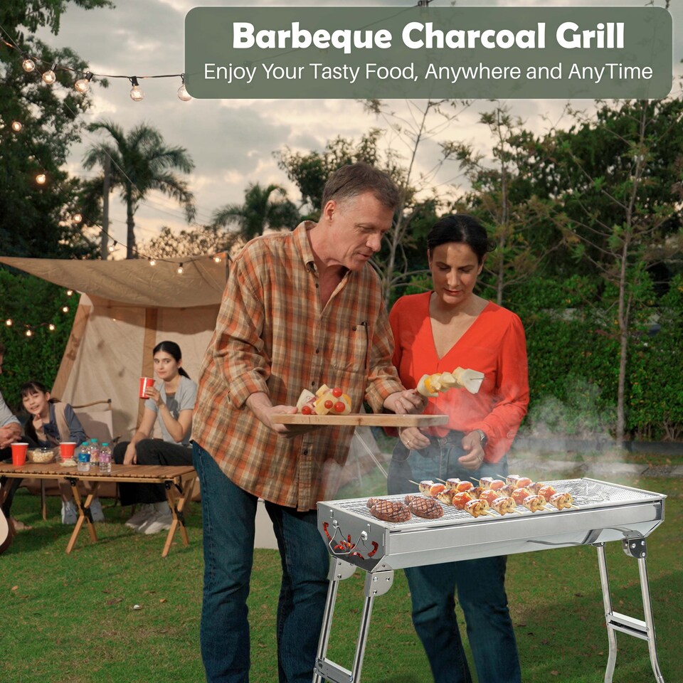 image 1 of Folding BBQ Charcoal Barbecue Grill Steel Stainless Garden Picnic Camping Stove