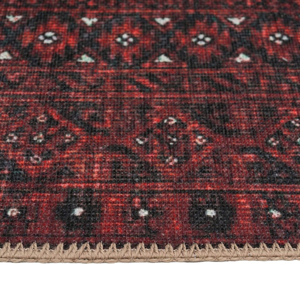 image 1 of KUKOON Distressed Red Traditional Persian Non Slip Washable Low Pile Rug 200cm x 290cm | Red