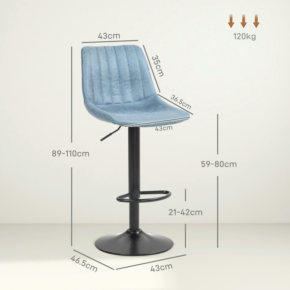 image 1 of HOMCOM Set Of 2 Microfibre Retro Tub Bar Stools Metal Frame Footrest Seat Blue
