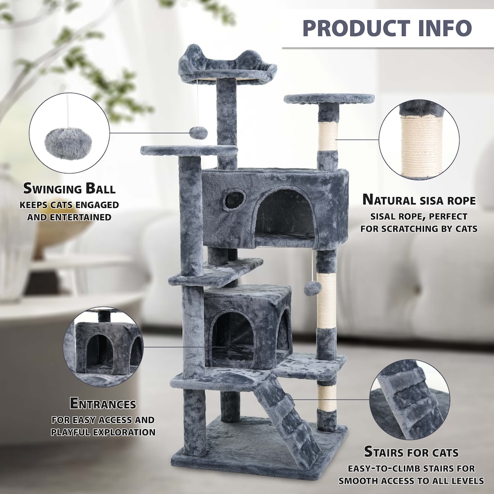 image 1 of 138cm Large Cat Tree Tower Large Activity Centre with Scratching Post & Climbing Playhouse